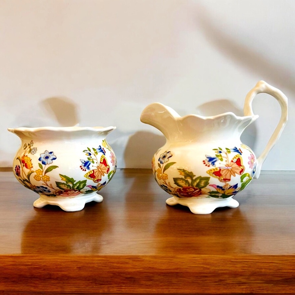 Aynsley Bone China “Cottage Garden” Vine Shape Mini Sugar Bowl and Creamer Set